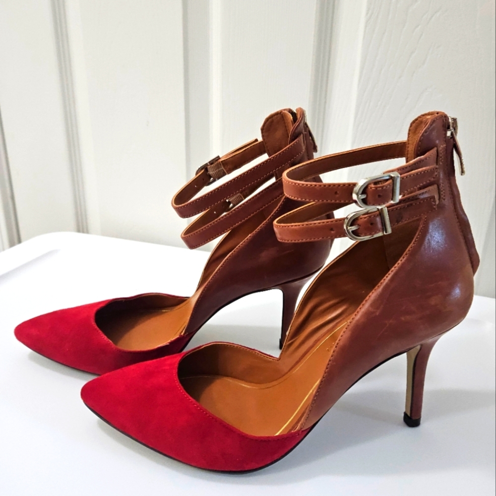 Enzo Angiolini Red Suede Heels with Brown Straps